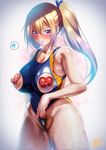  areolae bare_shoulders blonde_hair blush bow breasts censored covered_nipples cowboy_shot groin hair_between_eyes hair_bow half-closed_eyes heart heart_censor highres k.ty_(amejin) kawakami_mai large_areolae large_breasts long_hair looking_at_viewer mole mole_on_thigh mole_under_eye musaigen_no_phantom_world one-piece_swimsuit parted_lips ponytail purple_eyes swimsuit swimsuit_pull thick_thighs thighs wedgie wet 