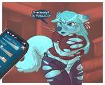  anthro blue_eyes blue_fur breast_expansion breasts canine cellphone clothing dialogue draekos english_text female fur mammal phone solo text torn_clothing 
