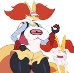  2018 anthro braixen breasts canine clothing delphox digital_media_(artwork) duo featureless_breasts female inner_ear_fluff mammal nintendo nipple_bulge pok&eacute;ball pok&eacute;mon pok&eacute;mon_(species) simple_background sssonic2 thick_thighs video_games white_background 