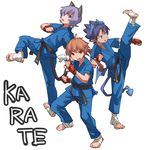  blue_eyes blue_hair brown_eyes brown_hair cat_ears cat_tail catboy demon_boy demon_tail demon_wings dougi fighting_stance forked_eyebrows full_body geetgeet high_kick horns karate karate_gi kicking ledo_vassar light_blue_hair low_wings male_focus mini_wings multiple_boys open_mouth pointy_ears pop-up_story purple_eyes selim_spark tail white_background wings ziz_glover 