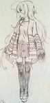  ahoge cardigan full_body graphite_(medium) highres hoshi_shouko idolmaster idolmaster_cinderella_girls loafers long_hair monochrome mossi open_cardigan open_clothes profile shirt shoes sketch skirt sleeves_past_wrists solo thighhighs traditional_media very_long_hair zettai_ryouiki 