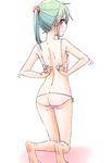  blush bra brown_eyes dressing embarrassed green_hair nagisa_honoka original panties pink_scrunchie ponytail scrunchie solo trembling underwear underwear_only white_bra white_panties 