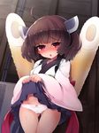  ahoge blue_skirt blush brown_hair cameltoe chestnut_mouth japanese_clothes kimono lifted_by_self long_hair navel open_mouth panties red_eyes sasamashin skirt skirt_lift solo thigh_gap touhoku_kiritan twintails underwear voiceroid white_kimono white_panties 