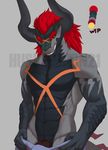  abs anthro barely_visible_genitalia batzz_(buddyfight) black_scales bulge claws clothed clothing dragon grey_scales hair half_portrait horn huskeeburn21 invalid_tag long_hair looking_at_viewer male markings pants pants_down partially_clothed pecs penis red_eyes red_hair scales simple_background smile solo standing teeth undressing unfinished watermark 