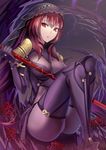  ass bodysuit breasts canegouzi fate/grand_order fate_(series) flower gae_bolg highres large_breasts long_hair looking_at_viewer polearm purple_hair red_eyes scathach_(fate)_(all) scathach_(fate/grand_order) solo spear spider_lily weapon 