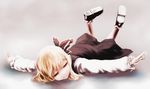  bangs black_footwear black_skirt blonde_hair closed_eyes feet_up full_body fuonon grey_background hair_ribbon long_sleeves lying on_stomach outstretched_arms red_ribbon reflection ribbon rumia shoe_soles shoes skirt skirt_set smile solo touhou 