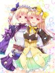  :d atelier_(series) atelier_lydie_&amp;_suelle belt black_capelet bow capelet cowboy_shot frilled_hairband frills green_skirt hair_bow hairband hand_on_hip long_hair looking_at_viewer lydie_marlen multiple_girls open_mouth petals pink_hair purple_bow purple_eyes red_eyes short_hair siblings side_ponytail sisters siyusiyu13 skirt smile suelle_marlen twins yellow_bow 