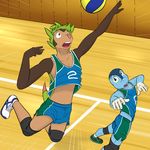  5_fingers action_pose ankle_socks anthro anthrofied ball blue_eyes blue_skin brown_eyes brown_skin chespin clothed clothing digital_drawing_(artwork) digital_media_(artwork) dipstick_tail duo footwear froakie fuze gloves_(marking) green_hair gym hair hi_res humanoid_hands jumping knee_pads legwear looking_aside looking_up male markings midriff multicolored_tail nintendo open_mouth pink_nose playing_sport pok&eacute;mon pok&eacute;mon_(species) pok&eacute;morph pose shirt shoes short_hair shorts socks sport standing tan_skin tank_top uniform video_games volleyball volleyball_(ball) volleyball_court white_skin yellow_sclera 