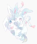  black_eyes commentary_request fang fang_out gen_4_pokemon gen_6_pokemon glaceon grey_background hideko_(l33l3b) highres interlocked_fingers no_humans pale_color pink_eyes pokemon pokemon_(creature) simple_background sylveon 
