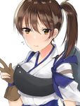  1girl absurdres bangs blush breasts brown_hair glove japanese_clothes kaga_(kantai_collection) kantai_collection kimono medium_breasts ponytail r1870349865 smile yellow_eyes 