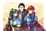  2boys ahoge arm_around_neck armor bangs belt belt_buckle black_gloves black_hair blue_dress blue_eyes blue_hair blue_scarf blush breast_hold breastplate breasts buckle cape closed_eyes closed_mouth crossed_arms dress eliwood_(fire_emblem) facing_viewer faulds fingerless_gloves fire_emblem fire_emblem:_rekka_no_ken fire_emblem_heroes forehead_protector gauntlets gloves green_eyes green_hair hair_tie hand_on_another's_shoulder hand_on_own_arm head_tilt hector_(fire_emblem) hexagon high_ponytail long_hair long_sleeves looking_to_the_side lyndis_(fire_emblem) medium_breasts multiple_boys parted_bangs parted_lips pauldrons ponytail red_gloves red_hair sash scarf shiny shiny_hair short_hair short_sleeves shoulder_armor smile upper_body wani_(fadgrith) 