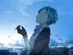  blue_eyes blue_hair bulma cigarette day dragon_ball dragon_ball_z earrings expressionless gloves jacket jewelry looking_away looking_up po_(poppa-pict) shirt short_hair sky smoke smoking solo white_shirt 