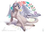 anthro aomori blue_eyes breasts equine female flower hair hooves horn horse mammal nipples nude plant solo winged_unicorn wings 