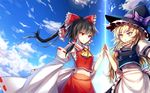  apron ascot bangs beam black_hair black_hat black_skirt blonde_hair blue_sky bow braid buttons cloud commentary day detached_sleeves hair_bow hair_tubes hakurei_reimu hands_together hat hat_bow highres kirisame_marisa long_hair meilynn-hayakan midriff multiple_girls navel outdoors purple_bow red_bow red_eyes red_skirt ribbon-trimmed_sleeves ribbon_trim sarashi side_braid skirt sky sleeves_past_wrists smile touhou waist_apron watermark witch_hat yellow_eyes yellow_neckwear 