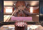  2d_dating :d backlighting balloon bangs blazer blush bow breasts brown_hair cake cake_slicer calendar_(object) classroom collared_shirt commentary computer confetti crying crying_with_eyes_open curtains desk dialogue_box doki_doki_literature_club elbow_rest elbows_on_table english english_commentary eyebrows_visible_through_hair food fork fruit green_eyes grey_jacket hair_bow hand_on_own_cheek hand_on_own_face hands_up happy happy_tears heart highres hits holding holding_fork indoors jacket lens_flare light_particles light_rays lonely long_hair long_sleeves looking_at_viewer medium_breasts monika_(doki_doki_literature_club) monitor neck_ribbon nose_blush open_mouth paper plate ponytail red_neckwear red_ribbon ribbon round_teeth sasoura school_uniform shirt sidelocks sitting slice_of_cake smile solo spoilers strawberry sunbeam sunlight table tears teeth white_shirt window wiping_tears 