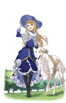  :d adjusting_clothes adjusting_hat belt black_footwear blonde_hair blue_dress blue_eyes blue_hat boots borzoi capelet cross-laced_footwear dog dress flower full_body gloves grass hand_on_headwear hat hat_flower highres long_hair looking_at_viewer makaria official_art open_mouth outdoors princess_(princess_principal) princess_principal princess_principal_game_of_mission smile solo standing transparent_background white_gloves 