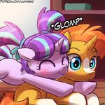  2017 :o blue_eyes blush cub cute duo equine eyebrows eyelashes eyes_closed female feral friendship_is_magic hair horn hug inside lumineko lying male mammal multicolored_hair my_little_pony nude orange_hair pigtails pounce signature smile starlight_glimmer_(mlp) sunburst_(mlp) text two_tone_hair unicorn wood wood_floor young 