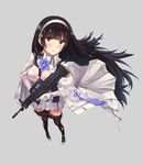  assault_rifle bangs between_breasts black_gloves black_hair black_legwear blue_flower blue_neckwear blunt_bangs blush breasts buckle bullpup cape cleavage closed_mouth collared_coat eyebrows_visible_through_hair floating_hair flower from_above girls_frontline gloves grey_background gun hair_between_eyes hair_flower hair_ornament hair_ribbon hairband head_tilt high_heels highres holding holding_gun holding_weapon jacket large_breasts long_hair looking_at_viewer necktie pantyhose pantyhose_pull pleated_skirt qbz-95 qbz-95_(girls_frontline) ribbon rifle shirt sidelocks simple_background skirt solo splendour standing star tassel torn_clothes torn_legwear twintails very_long_hair weapon white_coat white_gloves white_hairband white_shirt white_skirt wrist_straps yellow_eyes 