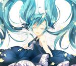  39 blue_dress closed_eyes commentary dress floating_hair floral_background happy hatsune_miku kamari_(kama_ri) long_hair necktie open_mouth petals simple_background sleeveless smile solo sparkle standing twintails very_long_hair vocaloid white_background 