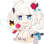  ahoge animal_ears azur_lane bailingxiao_jiu bangs bare_arms bare_shoulders bikini blue_eyes broken bucket cannon cat_ears chibi commentary_request eyebrows_visible_through_hair fang fire flower frilled_bikini_top full_body hair_flower hair_ornament hair_rings hammann_(azur_lane) heart heart-shaped_pupils holding innertube open_mouth red_flower silver_hair simple_background sitting solo star swimsuit symbol-shaped_pupils tears torpedo transparent turret twintails wavy_mouth white_background white_bikini 