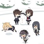  @_@ asashio_(kantai_collection) black_hair black_legwear black_serafuku blazer blonde_hair breath chibi dress fainting hair_flaps hair_ribbon hatsuzuki_(kantai_collection) jacket jumping kantai_collection kuronaga long_hair multiple_girls pantyhose remodel_(kantai_collection) ribbon running sailor_dress school_uniform serafuku shigure_(kantai_collection) short_hair snowman tokitsukaze_(kantai_collection) yuudachi_(kantai_collection) 