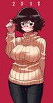  2018 alternate_hairstyle ass_visible_through_thighs black_hair blush breasts brown_eyes commentary cowboy_shot denim embarrassed glasses highres jeans large_breasts looking_at_viewer matsuda_yuusuke messy_hair pants red-framed_eyewear ribbed_sweater solo sweat sweater thigh_gap turtleneck turtleneck_sweater yonezawa_natsumi yuusha_to_maou 