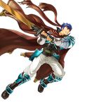  arm_guards armor armored_boots blue_eyes blue_hair boots cape clenched_teeth fingerless_gloves fire_emblem fire_emblem:_akatsuki_no_megami fire_emblem:_souen_no_kiseki fire_emblem_heroes full_body gloves headband highres holding holding_sword holding_weapon ike kita_senri knee_boots looking_away male_focus official_art pants ragnell shoulder_armor spaulders sword teeth transparent_background vambraces weapon 
