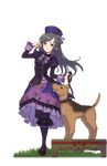  black_footwear blue_hat boots dress frilled_dress frills full_body grass grey_hair hand_up hat highres knee_boots leash long_hair looking_at_viewer official_art platform princess_principal princess_principal_game_of_mission purple_dress purple_eyes purple_footwear purple_legwear shoes smile solo sophie_mackenzie standing terrier_(dog) transparent_background 