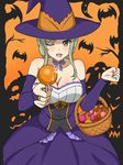  an-bl blonde_hair blush breasts candy cleavage food green_eyes halloween hat indirect_kiss large_breasts one_eye_closed saliva school_girl_strikers smile solo tongue tongue_out witch_hat yaginuma_io 
