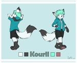  2017 anthro black_fur canine clothed clothing cool_colors digital_drawing_(artwork) digital_media_(artwork) english_text feline flat_colors fox fully_clothed fur green_eyes green_hair hair hand_in_pocket hands_behind_head happy hi_res hoodie hybrid inner_ear_fluff iztli jacket kourii_raiko male mammal model_sheet multiple_poses open_hoodie pawpads pose short_hair shorts smile solo standing text tiger toony walking white_fur young 