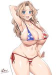  american_flag_bikini areola_slip areolae arm_up armpits bikini blue_eyes breasts brown_hair cleavage curvy eyebrows_visible_through_hair flag_print girls_und_panzer hair_intakes hand_on_hip highres hips huge_breasts kay_(girls_und_panzer) long_hair looking_at_viewer navel obui side-tie_bikini simple_background smile solo sweat swimsuit thick_thighs thighs white_background 
