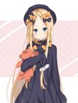 abigail_williams_(fate/grand_order) absurdres arm_at_side bad_revision bangs black_bow black_dress black_hat blonde_hair blue_eyes blush bow commentary_request downscaled_revision dress eyebrows_visible_through_hair fate/grand_order fate_(series) forehead hair_bow hat head_tilt highres kohakope long_hair long_sleeves looking_at_viewer md5_mismatch object_hug orange_bow parted_bangs parted_lips polka_dot polka_dot_bow sleeves_past_fingers sleeves_past_wrists solo stuffed_animal stuffed_toy teddy_bear very_long_hair 