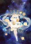  black_background blue_background blue_hair calligraphy_brush_(medium) closed_eyes commentary dress hands_together hatsune_miku long_hair long_sleeves planet rei_(456789io) simple_background solo star starry_background starry_sky_print traditional_media twintails very_long_hair vocaloid watercolor_(medium) white_dress 