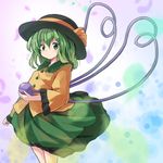  bad_id bad_pixiv_id black_hat blue_background commentary_request eyebrows_visible_through_hair gradient gradient_background green_eyes green_hair green_skirt hair_between_eyes hat hat_ribbon highres holding komeiji_koishi long_sleeves looking_at_viewer purple_background ribbon ryogo shirt skirt solo standing third_eye touhou wide_sleeves yellow_ribbon yellow_shirt 