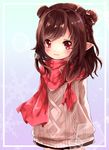  bad_id bad_pixiv_id black_skirt brown_hair brown_sweater double_bun final_fantasy final_fantasy_xiv hair_bun lalafell long_hair pointy_ears red_eyes red_scarf scarf skirt solo sweater upper_body yume_derika 
