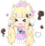  &gt;_&lt; ahoge animal_ears apron azur_lane bailingxiao_jiu bangs blonde_hair blush bow bowl cat_ears cat_girl cat_tail chibi chocolate closed_eyes commentary_request eldridge_(azur_lane) electricity eyebrows_visible_through_hair facial_mark facing_viewer fang frilled_apron frills full_body hair_ornament head_scarf heart heart_ahoge highres holding holding_bowl kemonomimi_mode long_hair low_twintails naked_apron no_shoes open_mouth oven_mitts pink_apron pink_bow sidelocks simple_background solo standing tail thighhighs twintails valentine very_long_hair wavy_mouth white_background white_legwear 