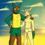  anthro anthrofied beach boxers_(clothing) briefs bulge clothing duo eeveelution fuze glaceon hi_res lucario male navel nintendo nipples pok&eacute;mon pok&eacute;mon_(species) pok&eacute;morph seaside sunset tighty_whities underwear video_games white_underwear 
