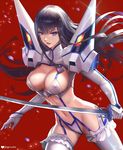  bakuzan bangs black_hair blue_eyes blunt_bangs breasts commentary_request covered_nipples cowboy_shot fogriver glint groin holding holding_sword holding_weapon impossible_clothes junketsu kill_la_kill kiryuuin_satsuki large_breasts left-handed light_particles light_smile long_hair looking_at_viewer midriff navel red_background revealing_clothes shiny shiny_hair simple_background solo stomach suspenders sword thighhighs thighs weapon white_legwear wind 