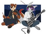  anthro black_hair brown_fur canine citrinelle claws dog drumstick duo fur grey_fur guitar hair husky lance_(radiantblaze) male mammal musical_instrument mustelid otter ronenn sweat sweatdrop toe_claws whiskers 
