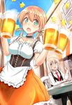  alternate_costume apron bangs beer beer_mug bismarck_(kantai_collection) black_pants blonde_hair blue_eyes blue_sky blush breasts buttons chain choker collarbone collared_shirt commentary_request cup day dirndl dress elbow_rest eyebrows_visible_through_hair frilled_choker frills german_clothes hair_between_eyes hair_ornament hair_tie holding holding_cup kantai_collection large_breasts long_hair looking_at_viewer low_twintails mug multiple_girls necktie oktoberfest open_mouth outdoors pants plate prinz_eugen_(kantai_collection) raguro red_neckwear shirt sidelocks sitting sky smile suspenders table twintails waist_apron white_shirt window 