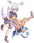  angel angel_and_devil angel_wings bike_shorts blue_hair blush cosplay costume_switch demon_boy demon_tail demon_wings full_body geetgeet halo horns looking_at_viewer low_wings luke_venus male_focus mini_wings multiple_boys open_mouth pointy_ears pop-up_story purple_eyes sandals school_uniform silver_hair tail white_background wings ziz_glover 