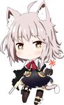  :3 absurdres animal_ears bailingxiao_jiu bangs black_dress black_gloves black_legwear blush brown_eyes brown_hair candy cat_ears cat_girl cat_tail chibi closed_mouth dress eyebrows_visible_through_hair food full_body girls_frontline gloves gun heart heart-shaped_pupils highres holding holding_gun holding_lollipop holding_weapon jacket kemonomimi_mode lollipop no_shoes object_namesake short_sleeves simple_background solo standing swirl_lollipop symbol-shaped_pupils tail thighhighs vector_(girls_frontline) weapon white_background white_jacket 