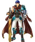  arm_guards armor armored_boots asymmetrical_sleeves blue_eyes blue_hair boots cape clenched_hand fingerless_gloves fire_emblem fire_emblem:_akatsuki_no_megami fire_emblem:_souen_no_kiseki fire_emblem_heroes full_body gloves headband highres ike kita_senri knee_boots male_focus official_art pants ragnell serious shoulder_armor solo standing sword transparent_background vambraces weapon 