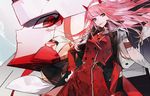 aqua_eyes cloud cowboy_shot darling_in_the_franxx day dress fake_horns from_side hairband jacket_on_shoulders long_hair long_sleeves looking_at_viewer mecha medium_hair military military_jacket military_uniform mo_(mocopo) necktie pink_hair red_dress red_eyes shiny shiny_hair sidelocks solo strelizia uniform wind zero_two_(darling_in_the_franxx) 