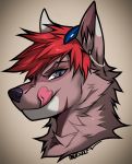  2018 angiewolf anthro black_nose blue_eyes brown_fur canine fur hair headshot_portrait looking_at_viewer mammal portrait red_hair simple_background tongue 