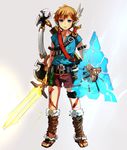  blonde_hair boots earrings full_body geetgeet jewelry link looking_at_viewer male_focus pointy_ears ponytail shield shorts solo sword the_legend_of_zelda the_legend_of_zelda:_breath_of_the_wild weapon 