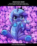  2017 ? blue_hair blush crown cub english_text equine eyebrows eyelashes feathered_wings feathers female feral flower friendship_is_magic full-length_portrait hair horn looking_at_viewer lumineko lying mammal my_little_pony nom nude on_back plant portrait princess_luna_(mlp) signature smile solo teal_eyes text winged_unicorn wings young 