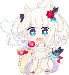  ahoge animal_ears azur_lane bailingxiao_jiu bangs bare_arms bare_shoulders bikini blue_eyes bow bucket cannon cat_ears cat_girl cat_tail chibi commentary_request eyebrows_visible_through_hair fang flower frilled_bikini_top full_body hair_flower hair_ornament hair_rings hammann_(azur_lane) heart heart-shaped_pupils highres holding innertube navel open_mouth red_bow red_flower silver_hair simple_background solo standing star swimsuit symbol-shaped_pupils tail tail_bow tears torpedo transparent turret twintails wavy_mouth white_background white_bikini 