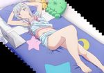  1girl barefoot bed blue_eyes eromanga_sensei frilled_shorts frills izumi_sagiri lying navel on_back on_bed short_shorts shorts silver_hair small_breasts solo stomach 