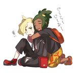  bangs_pinned_back blonde_hair dark_skin dark_skinned_male gladio_(pokemon) green_hair hair_over_one_eye hau_(pokemon) hood hoodie hug hug_from_behind multiple_boys pants pokemon pokemon_(game) pokemon_sm shirt short_hair short_ponytail shorts t-shirt torn_clothes torn_pants unapoppo 